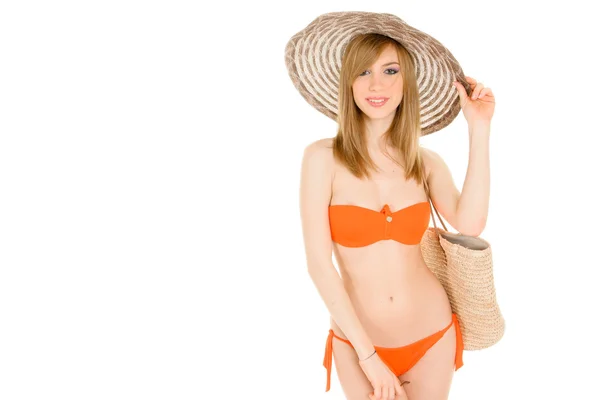 Młoda kobieta w bikini pomarańczowy Obraz Stockowy