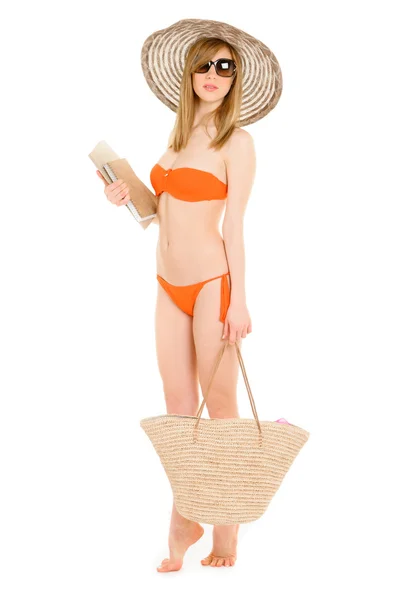 Mujer joven en bikini naranja Fotos De Stock