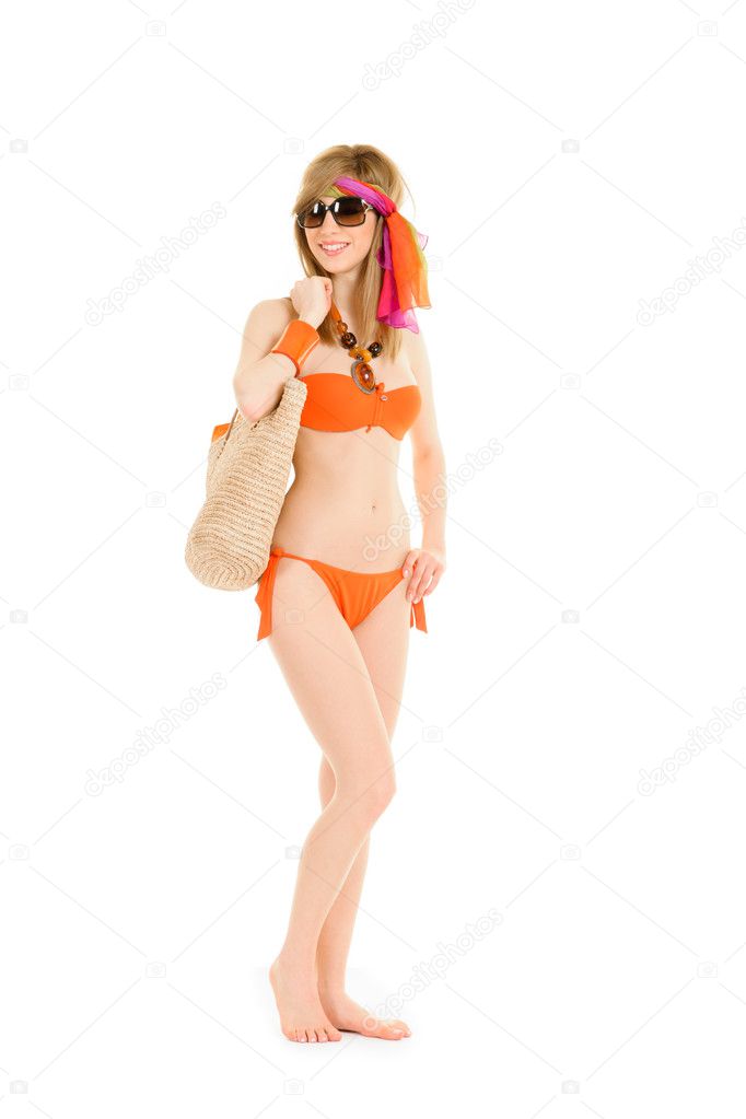 Young woman in orange bikini