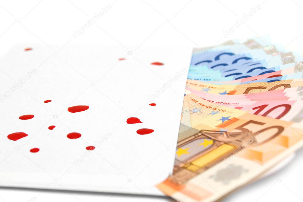 Envelope with money and blood. On a white background.