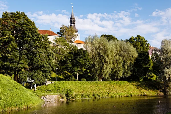 Park with pond in old european city — Stock Photo, Image
