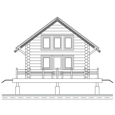 Facade of small wooden house facing the water clipart