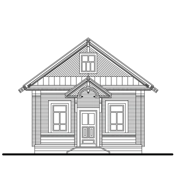 Frente fachada de pequena casa de madeira com entrada — Vetor de Stock