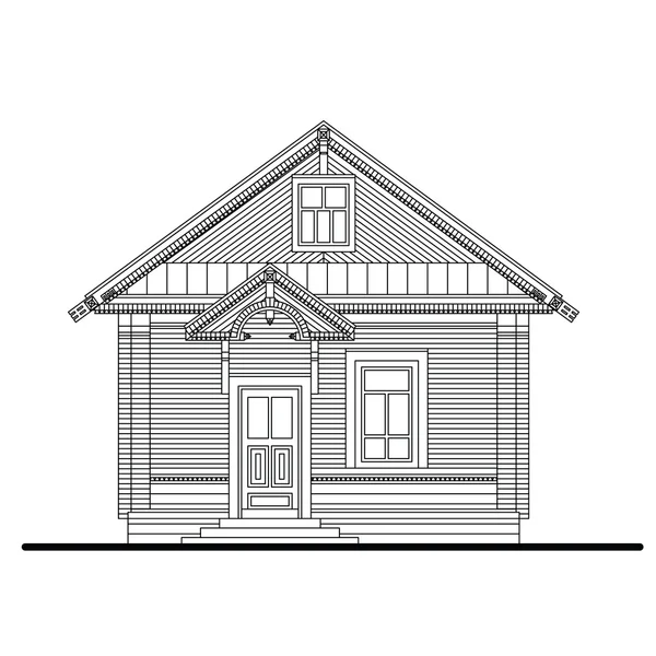 Frente fachada de pequena casa de madeira com duas janelas — Vetor de Stock