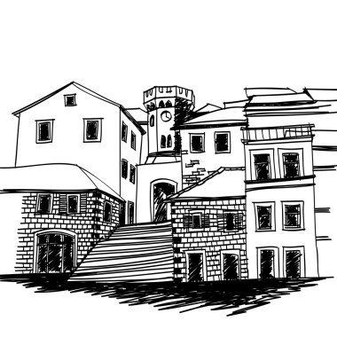 Black and white sketch drawing of a small square of old mediterranean city clipart