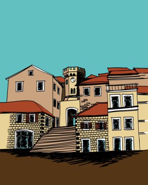 Sketch drawing of a small square of old mediterranean city clipart