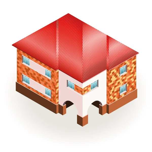 Casa de ladrillo con techo rojo. Dibujo tridimensional — Vector de stock