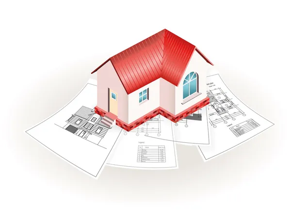 Conceptueel model van klein huis over de set van bouwkundige tekeningen — Stockvector