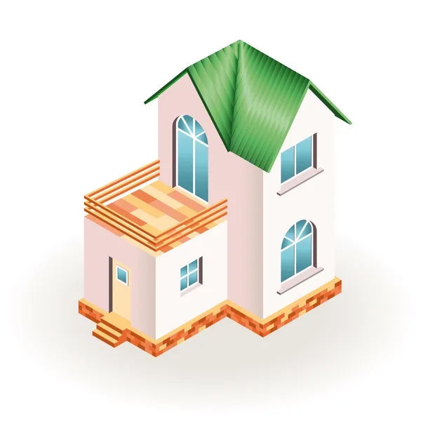Двухэтажный домик с террасой и зеленой крышей. Трехмерный рисунок — стоковый вектор