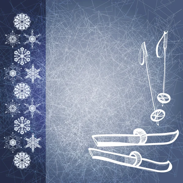 Синий гранж зимний фон с лыжами и палками — стоковый вектор