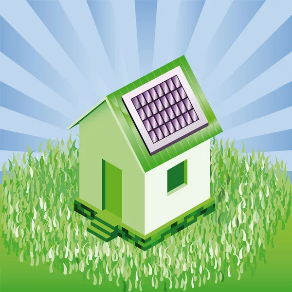Malý dům s solární panely v přírodní krajině — Stockový vektor