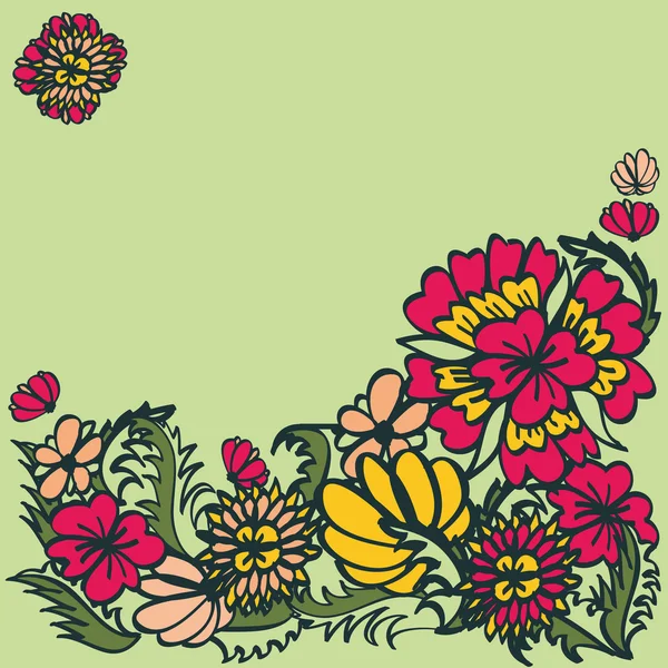 Adorno floral dibujado a mano brillante con flores rojas y amarillas — Vector de stock