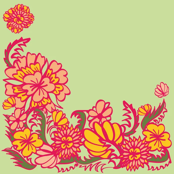 Adornos florales dibujados con contornos rosados, flores rojas y amarillas — Archivo Imágenes Vectoriales