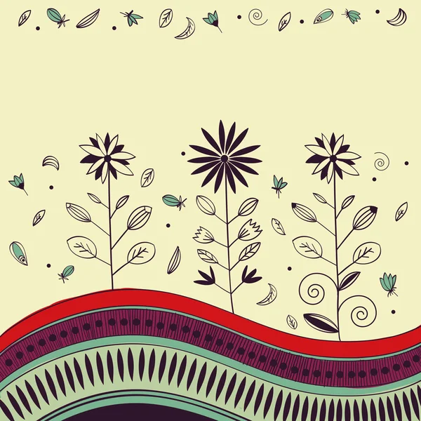 抽象的な明るい手描き花と波状地面で花飾り — ストックベクタ