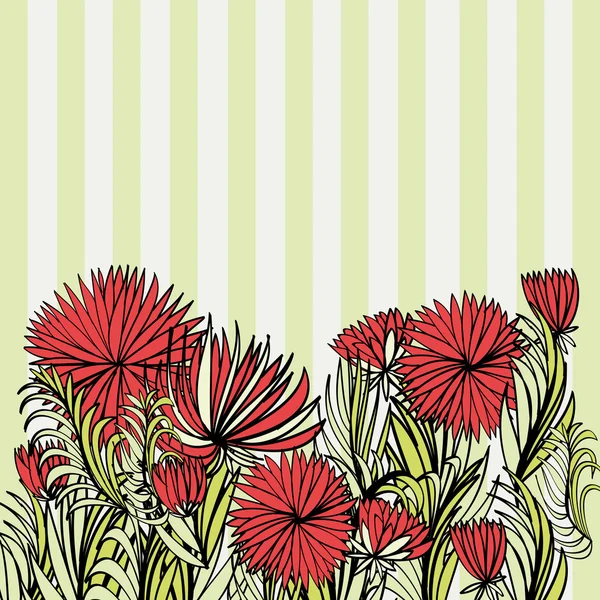 Blommig prydnad med röda blommor och randig bakgrund — Stock vektor