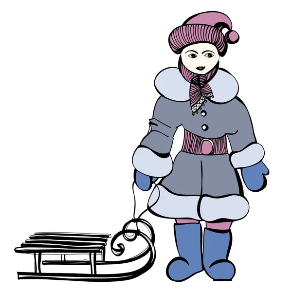Gambar bergaya gadis kecil dengan pakaian hangat dengan kereta luncur kayu - Stok Vektor