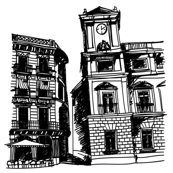 Szkic czarno-biały rysunek z małego miasta plac starej Europy — Wektor stockowy