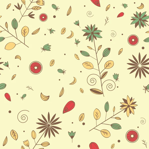 手描きの花と葉とのシームレスなパターン — ストックベクタ