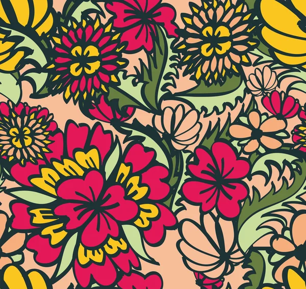 Nahtloser handgezeichneter Blumenschmuck mit roten und gelben Blumen — Stockvektor