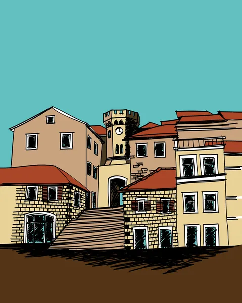Desenho do esboço de um quadrado pequeno da cidade mediterranean velha — Vetor de Stock