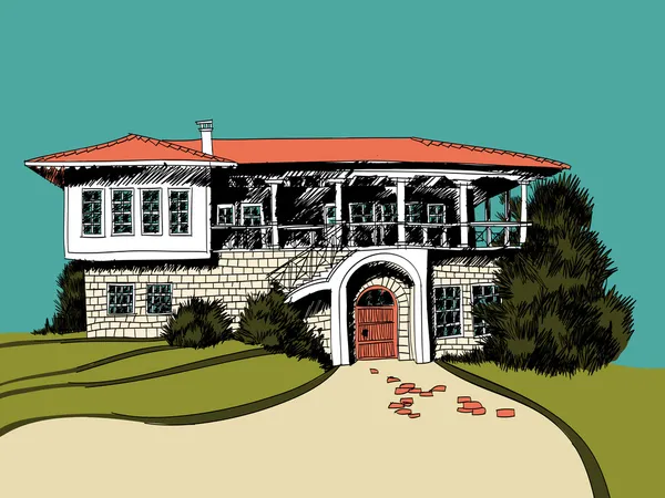 Dibujo estilizado de gran villa mediterránea — Vector de stock