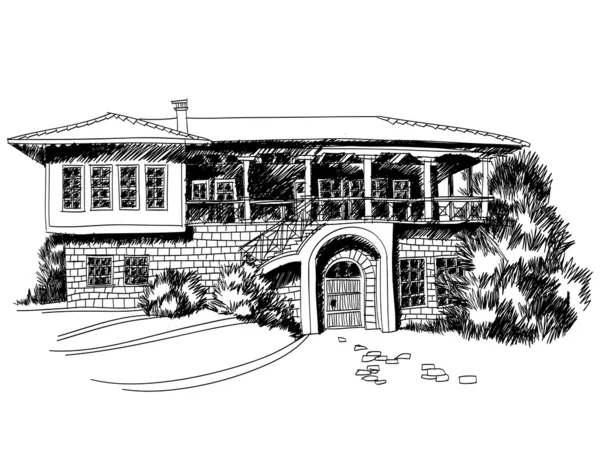Schwarz-weiße Skizze einer großen mediterranen Villa — Stockvektor
