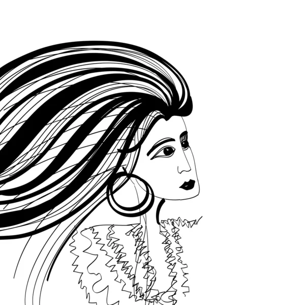Schwarz-weiße Skizze einer Frau mit flatternden Haaren — Stockvektor