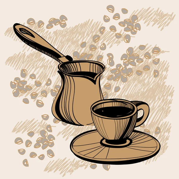 Náčrt tureckých cezve a pohár s nějakou kávová zrna — Stockový vektor
