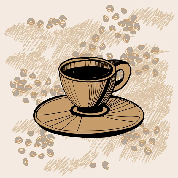 Bosquejo de taza de café con algunos granos de café — Vector de stock