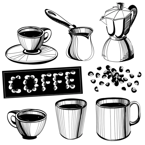 Conjunto de acessórios de café desenhados à mão sobre fundo branco — Vetor de Stock