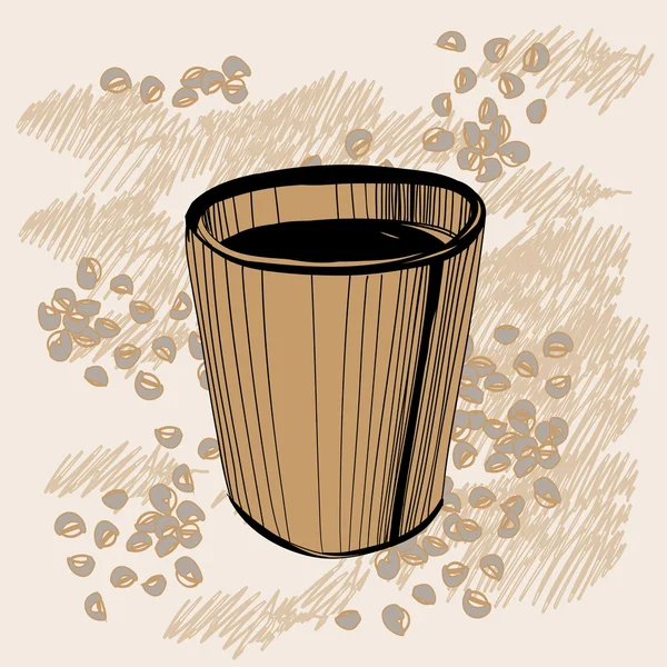 Schets van papier koffiemok met sommige koffiebonen — Stockvector