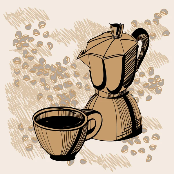 Schizzo di caffettiera moka e tazza con alcuni chicchi di caffè — Vettoriale Stock