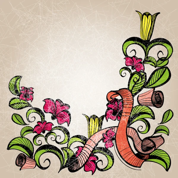 Αφηρημένο floral ρετρό στολίδι με λουλούδια και κορδέλες με grunge αποτέλεσμα. eps10 — Διανυσματικό Αρχείο