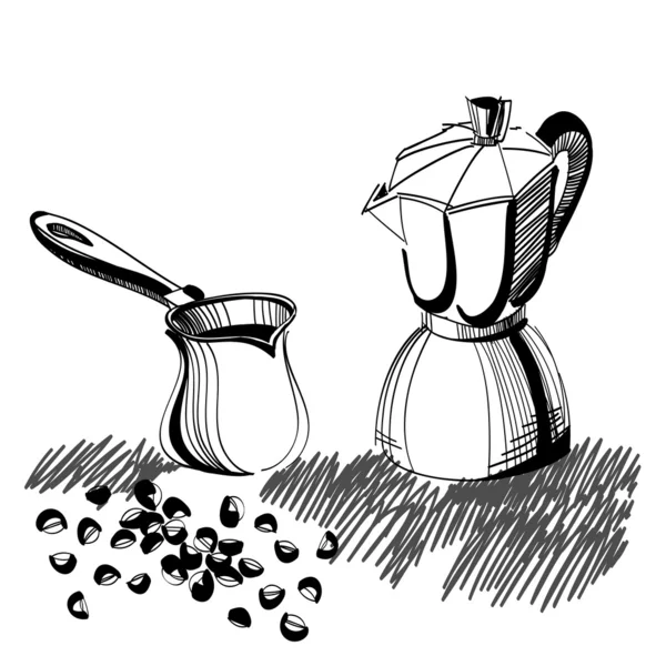 Bosquejo de cafetera moca y cezve turco con algunos granos de café — Vector de stock