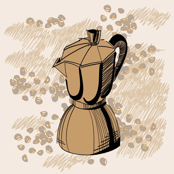 Skizze einer Mokka-Kaffeemaschine mit Kaffeebohnen — Stockvektor