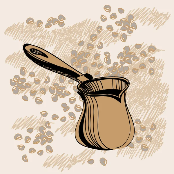 Bosquejo de cezve turco con algunos granos de café — Vector de stock