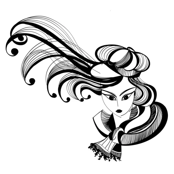 Schizzo in bianco e nero di una ragazza con i capelli svolazzanti — Vettoriale Stock