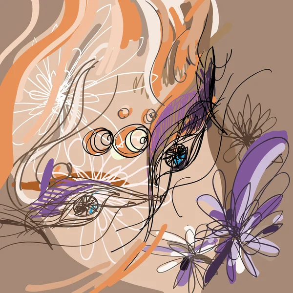 Stylizowane szkicowy dziewczyna twarz z fioletowe kwiaty — Wektor stockowy