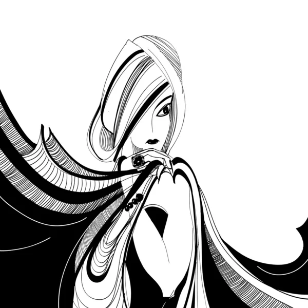 Stilize siyah beyaz bir eşarp ile güzel kız çizim — Stok Vektör