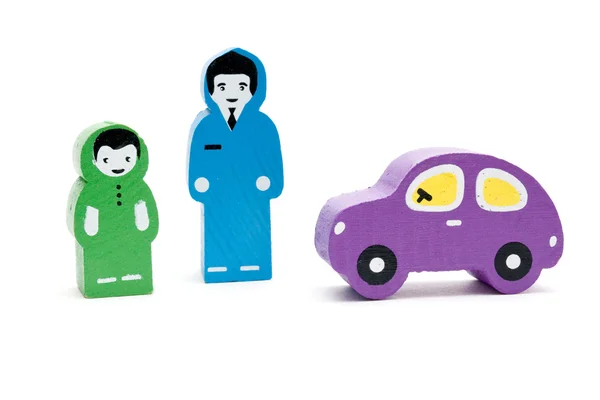 사람 (남자), 자식 및 자동차. 나무 장난감 — 스톡 사진