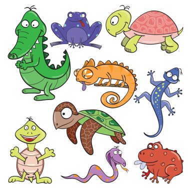 Reptiles and amphibians doodle icon set clipart