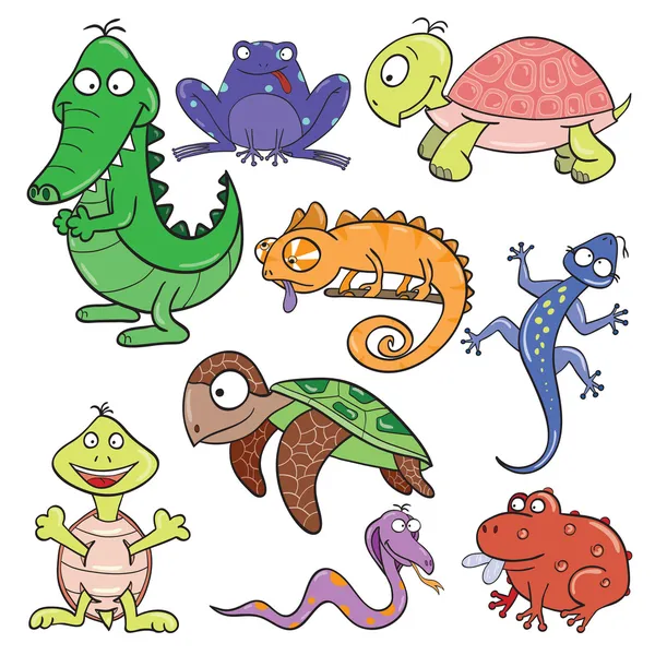 Reptiles y anfibios doodle icon set — Archivo Imágenes Vectoriales