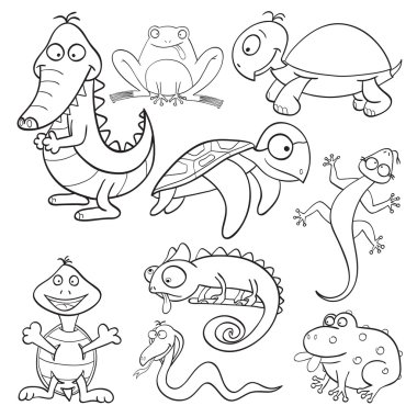 Coloring book with reptiles and amphibians clipart