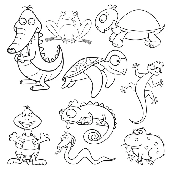 Coloring book with reptiles and amphibians — Stock Vector