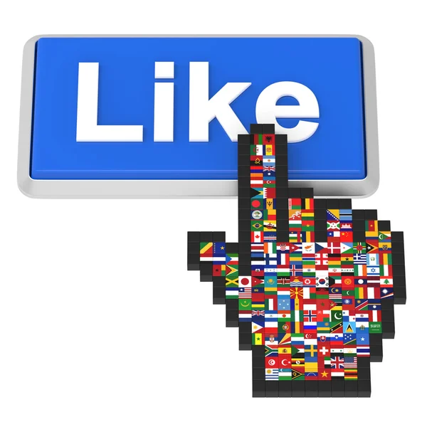 Like button and hand cursor with flags of the world. — Stock Photo, Image