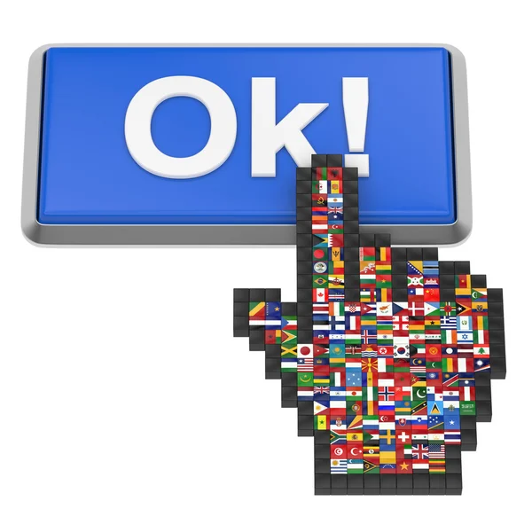 OK! knop en hand cursor met vlaggen van de wereld. — Stockfoto