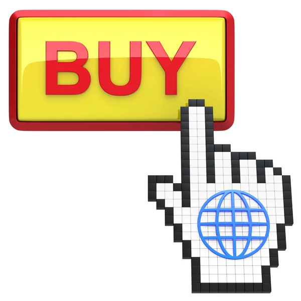 Kopen knop en hand cursor met pictogram van de wereld. — Stockfoto