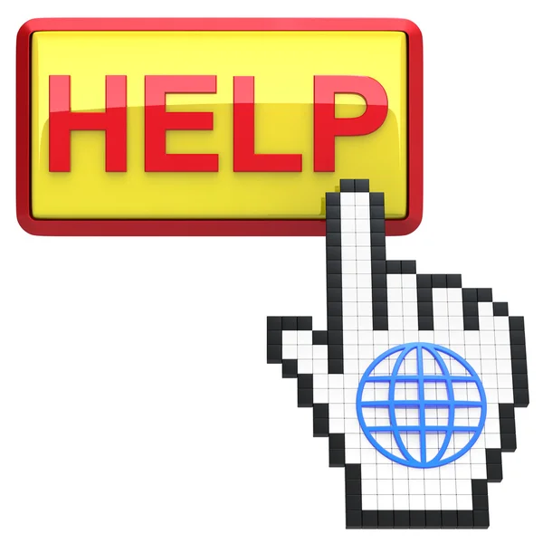 Help knop en hand cursor met pictogram van de wereld. — Stockfoto