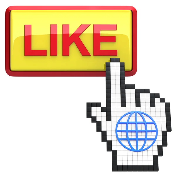 Like button and hand cursor with icon of the globe. — Stock Photo, Image