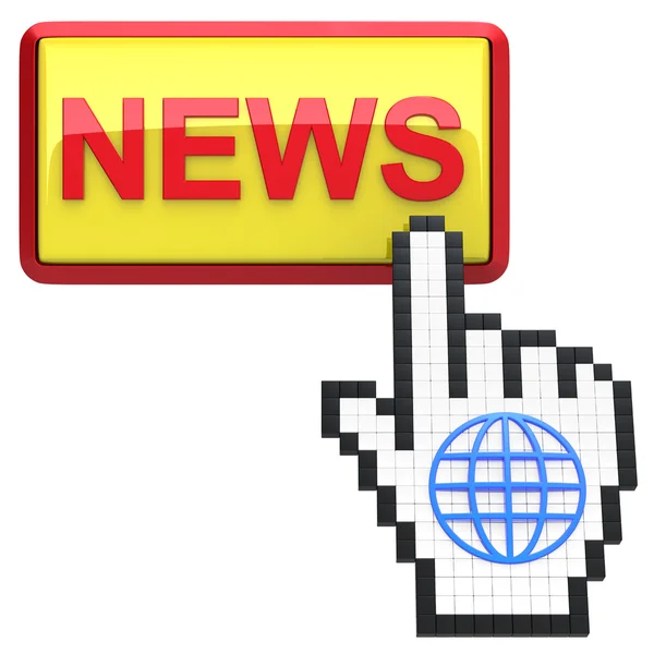 Botón de noticias y cursor de mano con icono del globo . — Foto de Stock